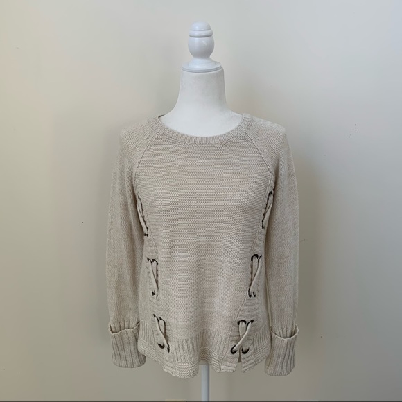 American Rag Grommet Lace Up Sides Cream Sweater - Picture 7 of 7